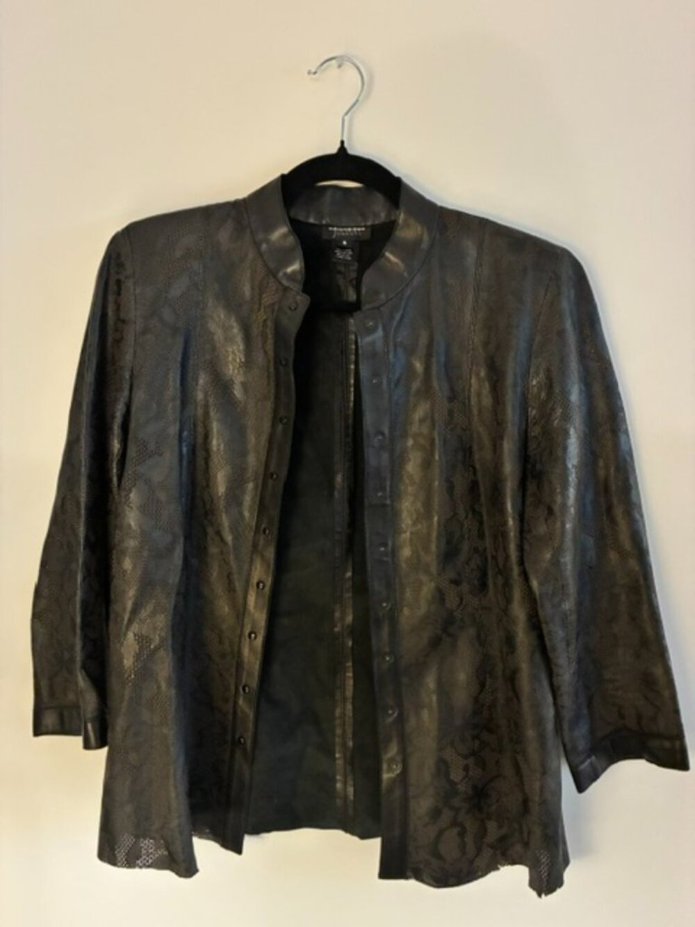 Collezione Juliana Black Lambskin Leather Jacket Laser Cut Floral Lace Size S